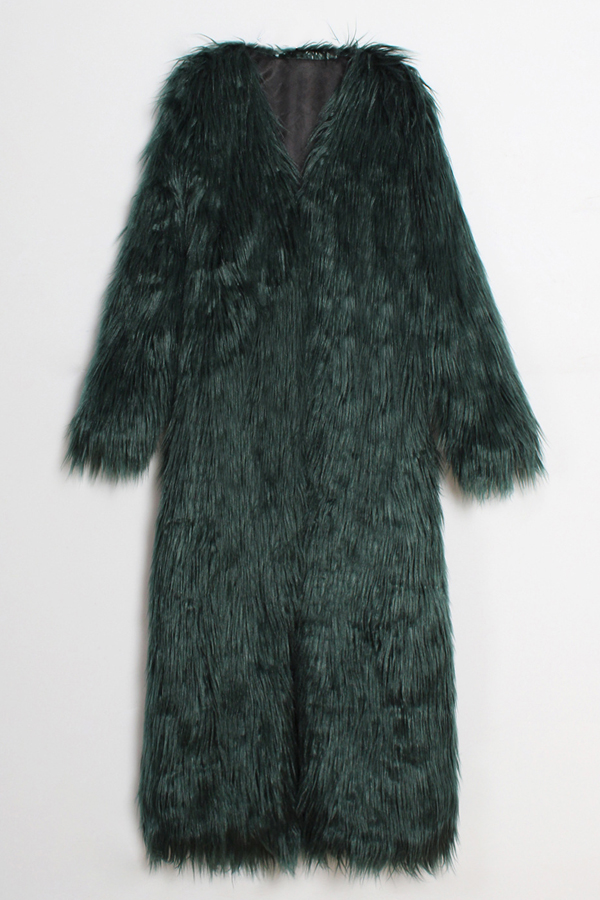  Fashionable V Neck Long Sleeves Green Faux Fur Long Coat