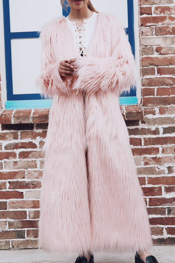  Fashionable V Neck Long Sleeves Pink Faux Fur Long Coat