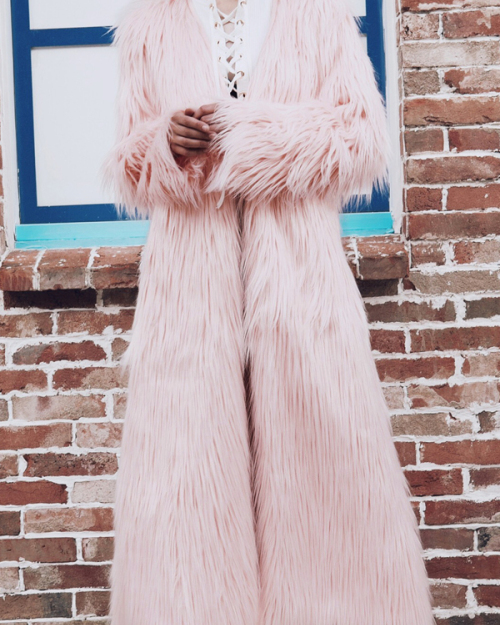 Fashionable V Neck Long Sleeves Pink Faux Fur Long Coat Fashionable V Neck Long Sleeves Pink Faux Fur Long Coat