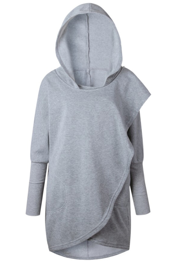  Leisure Hooded Long Sleeves Asymmetrical Light Grey Polyester Long Coat