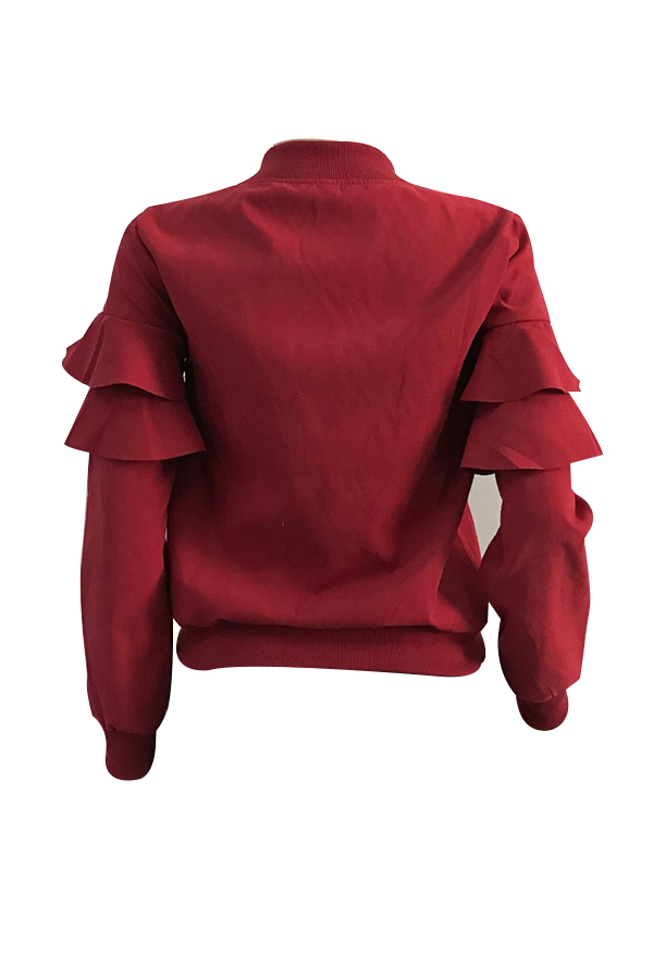  Leisure Round Neck Falbala Design Wine Red Velvet Zipped Coat