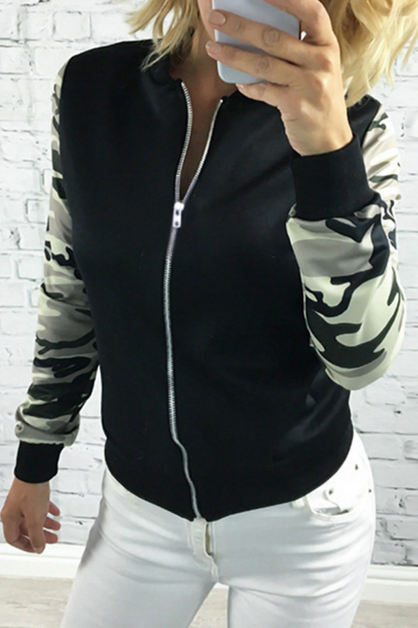  Leisure V Neck Zipper Design Black Polyester Coat