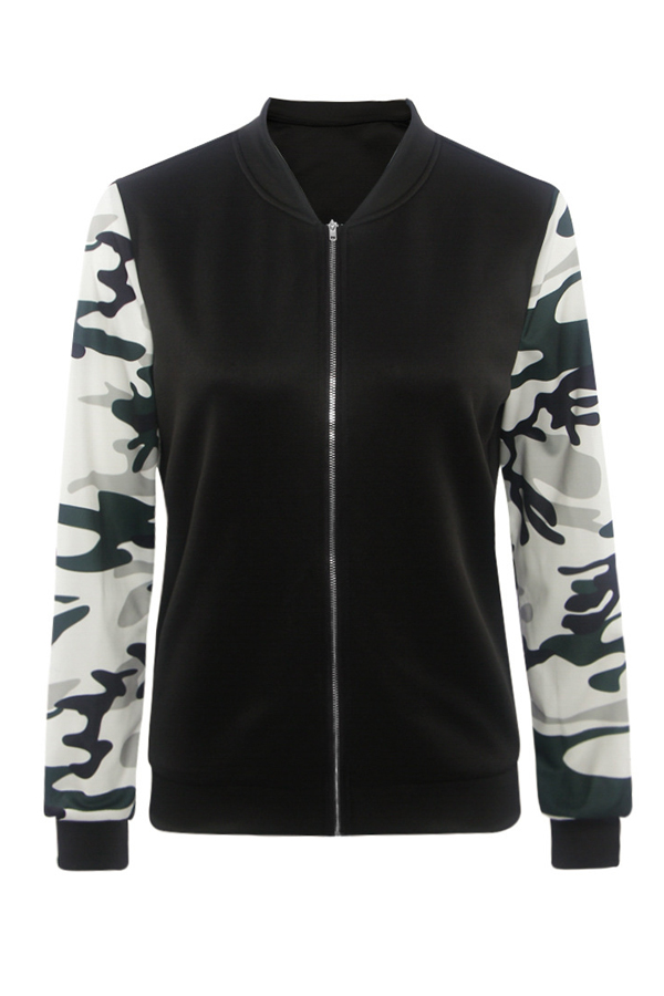  Leisure V Neck Zipper Design Black Polyester Coat