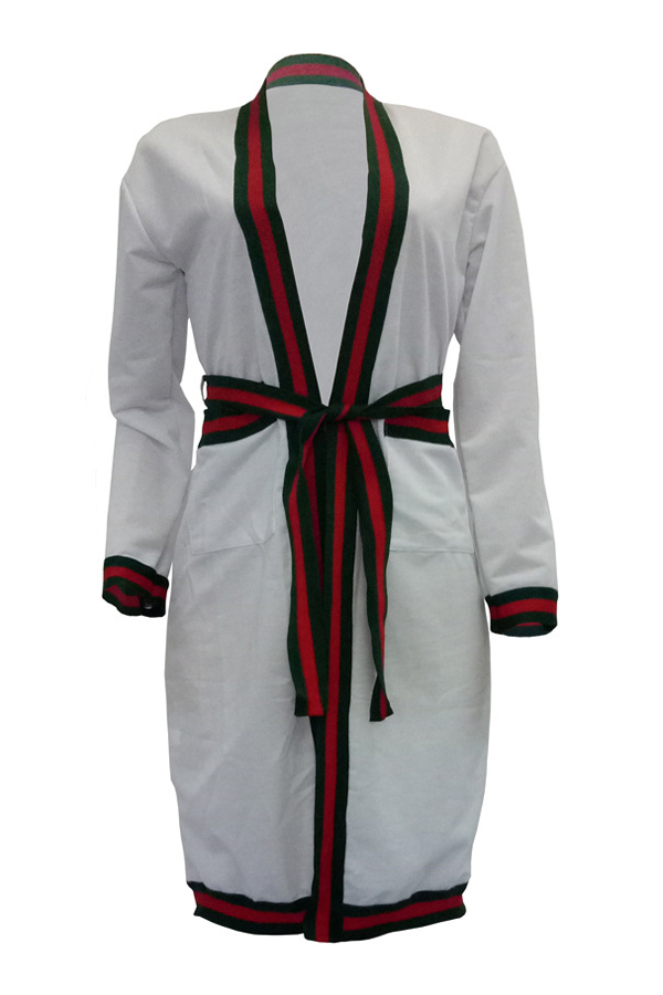  Sexy Deep V Neck Printed Patchwork White Polyester Long Coat