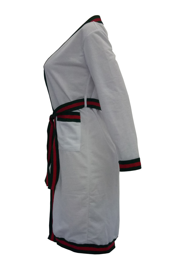  Sexy Deep V Neck Printed Patchwork White Polyester Long Coat