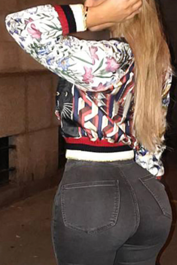  Stylish Round Neck Animal Print Polyester Coat