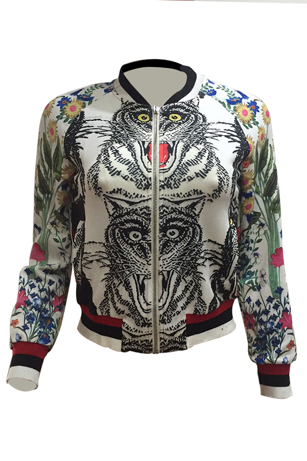  Stylish Round Neck Animal Print Polyester Coat