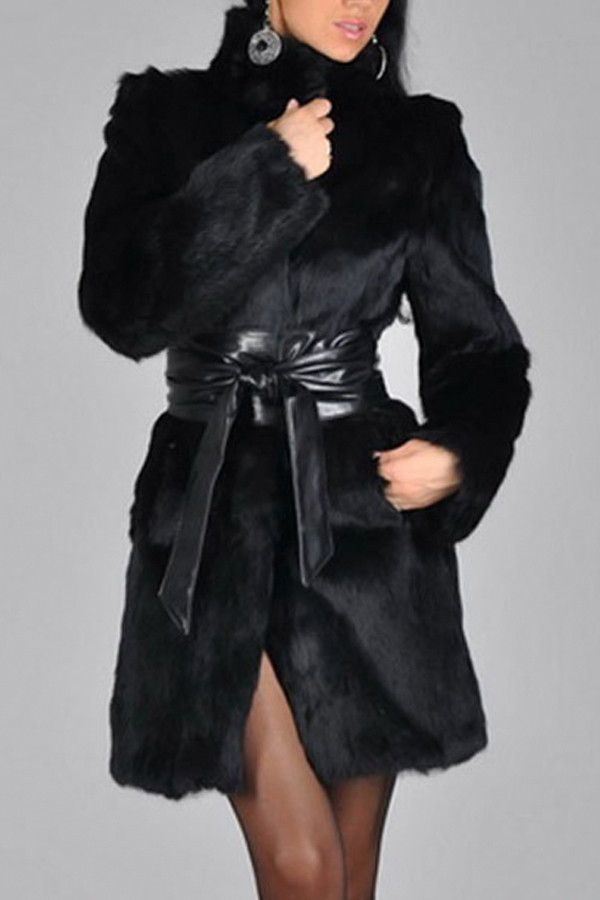  Stylish Turtleneck Long Sleeves Patchwork Black Faux Fur Coat(With Belt)