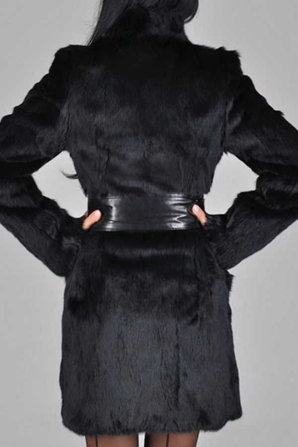  Stylish Turtleneck Long Sleeves Patchwork Black Faux Fur Coat(With Belt)