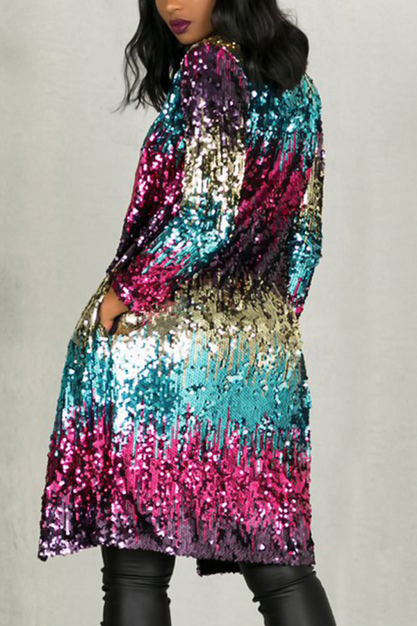 Stylish V Neck Long Sleeves Sequined Decorative Polyester Long Coat