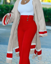  Stylish V Neck Patchwork Apricot Polyester Long Coat