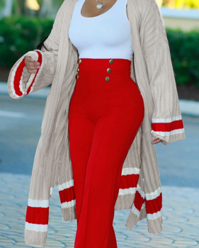  Stylish V Neck Patchwork Apricot Polyester Long Coat