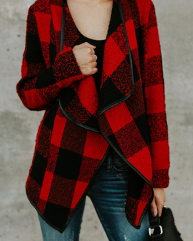  Stylish V Neck Plaids Red Polyester Coat