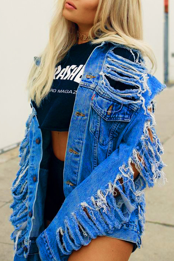  Trendy Hollow-out Light Blue Denim Coat