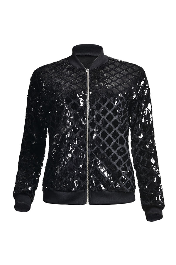  Trendy Mandarin Collar Sequins Decoration Black Polyester Zipped Jacket