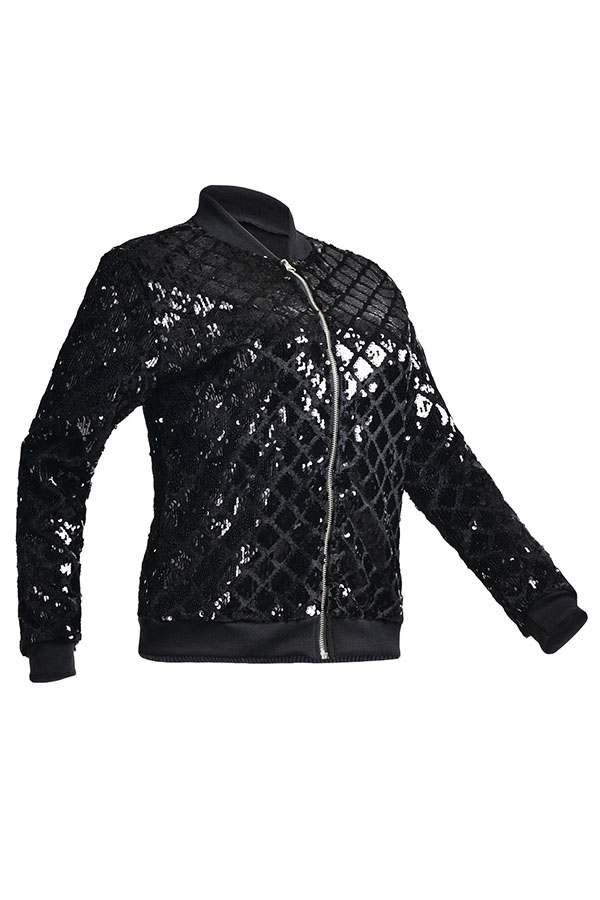  Trendy Mandarin Collar Sequins Decoration Black Polyester Zipped Jacket