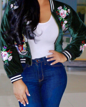  Trendy Round Neck Embroidered Design Green Velvet Coat