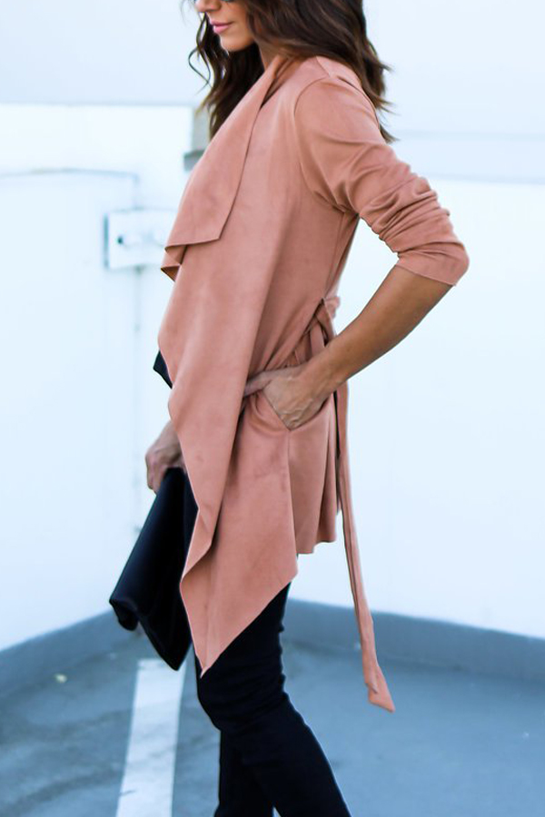  Trendy Turndown Collar Asymmetrical Pink Blending Coat