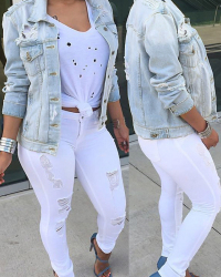  Trendy Turndown Collar Broken Holes Light Blue Denim Coat