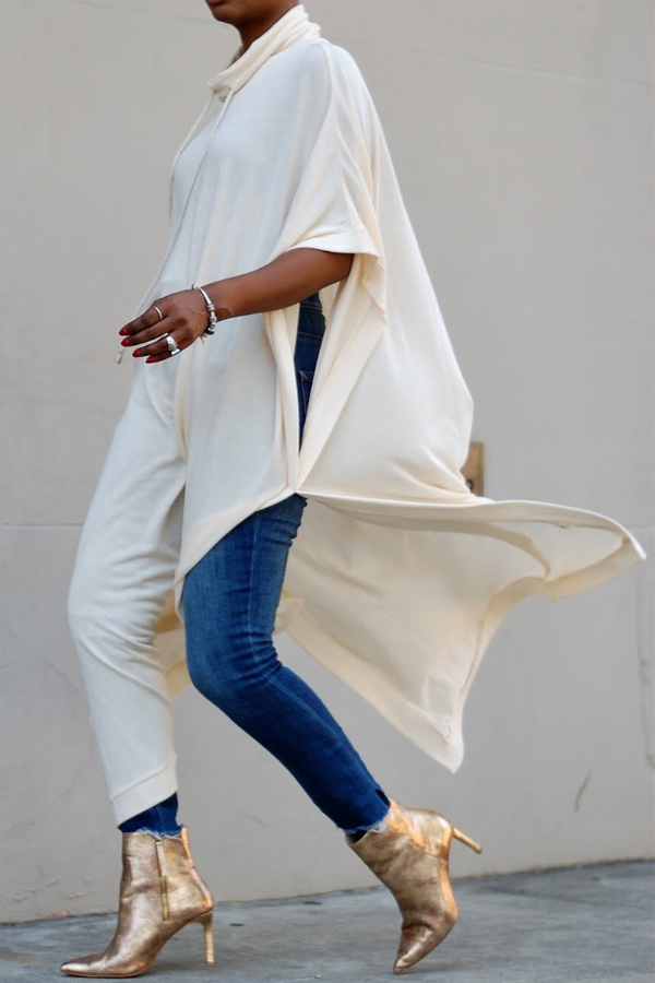  Trendy Turtleneck Half Sleeves Beige Cotton Blends Long Coat