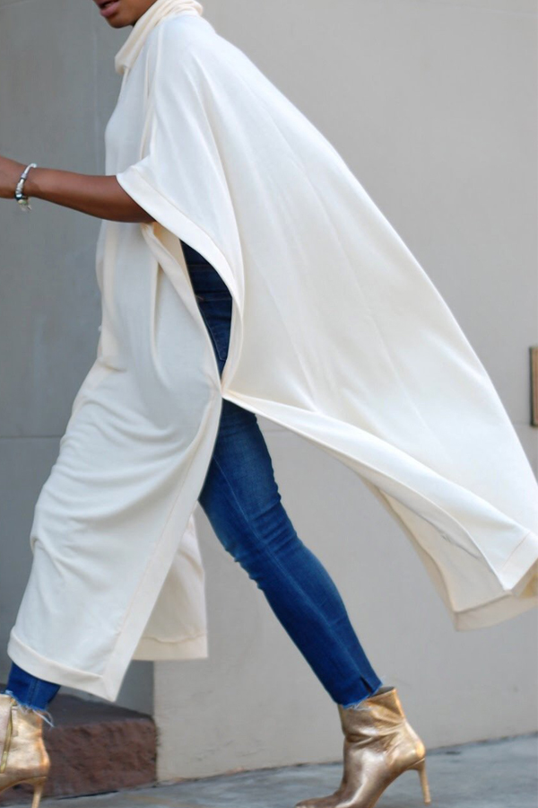  Trendy Turtleneck Half Sleeves Beige Cotton Blends Long Coat