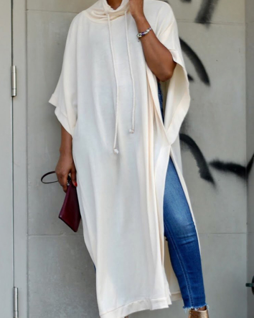 Trendy Turtleneck Half Sleeves Beige Cotton Blends Long Coat Trendy Turtleneck Half Sleeves Beige Cotton Blends Long Coat