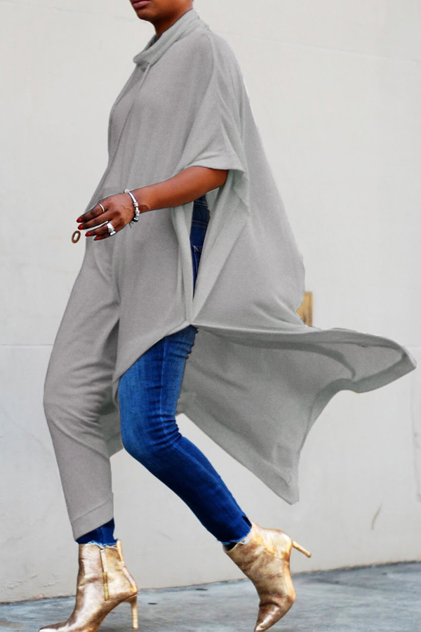  Trendy Turtleneck Half Sleeves Grey Cotton Blends Long Coat