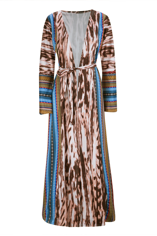  Trendy V Neck Leopard Printed Polyester Long Coat