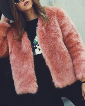  Trendy V Neck Long Sleeves Fur Design Pink Short Coat