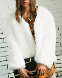  Trendy V Neck Long Sleeves Fur Design White Short Coat