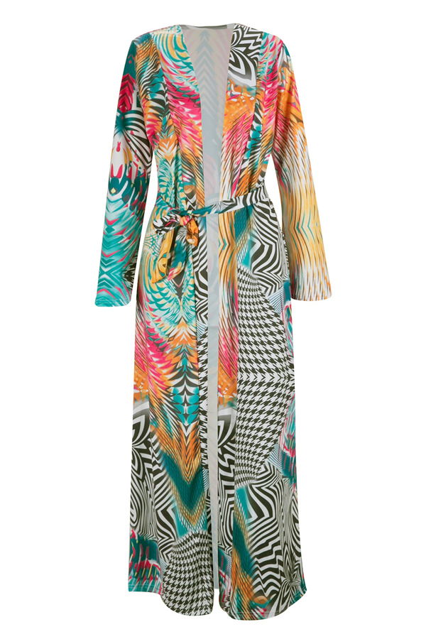  Trendy V Neck Striped Printed Polyester Long Coat