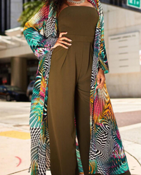  Trendy V Neck Striped Printed Polyester Long Coat