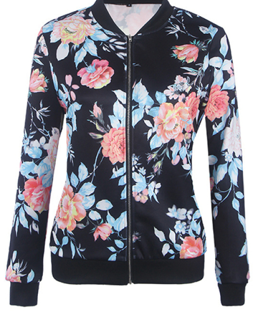 Ethnic Style Round Neck Long Sleeves Printed Black Polyester Coats Ethnic Style Round Neck Long Sleeves Printed Black Polyester Coats