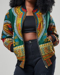 Ethnic Style Round Neck Totem Printed Green Polyester Coat Ethnic Style Round Neck Totem Printed Green Polyester Coat