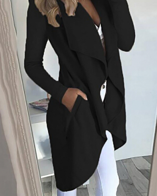 Euramerican Turndown Collar Asymmetrical Black Cotton Long Coat Euramerican Turndown Collar Asymmetrical Black Cotton Long Coat