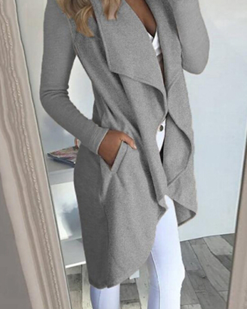 Euramerican Turndown Collar Asymmetrical Grey Cotton Long Coat Euramerican Turndown Collar Asymmetrical Grey Cotton Long Coat