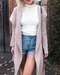 Euramerican Turndown Collar Long Sleeves Lace-up Pink Cotton Long Coat