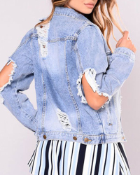 Fashion Turndown Collar Long Sleeves Broken Holes Light Blue Denim Short Coat