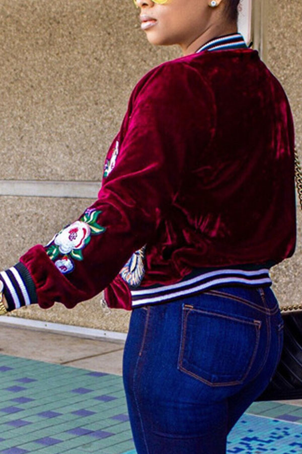 Fashionable Round Neck Embroidered Design Wine Red Velvet Coat