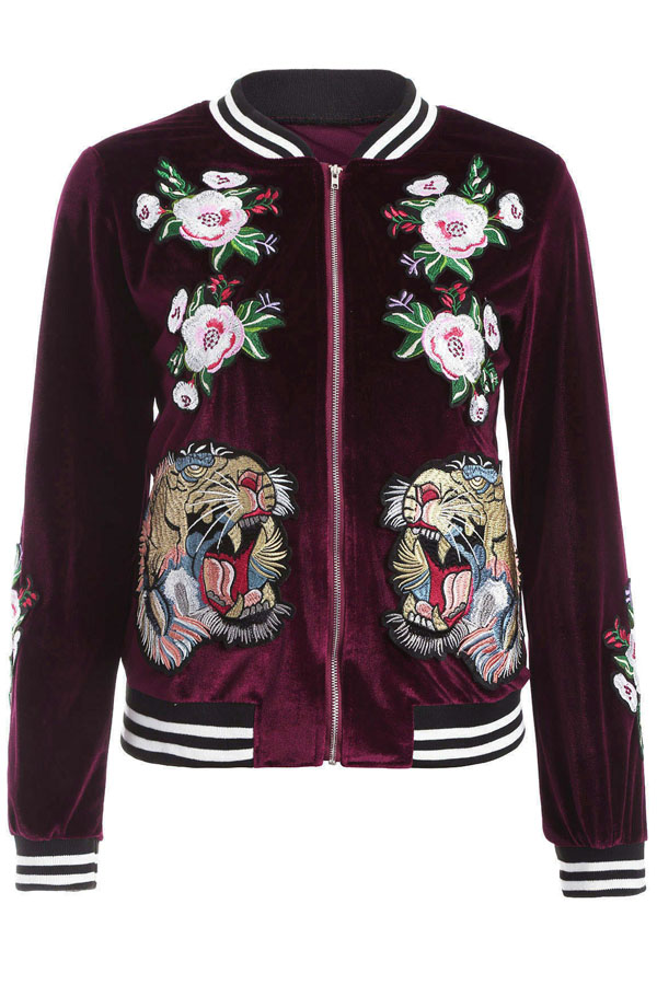 Fashionable Round Neck Embroidered Design Wine Red Velvet Coat