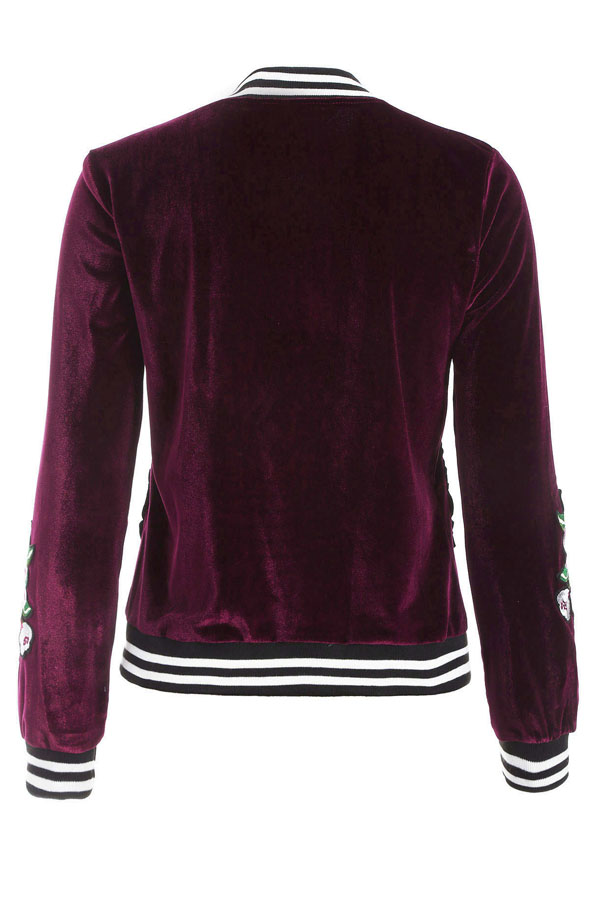 Fashionable Round Neck Embroidered Design Wine Red Velvet Coat