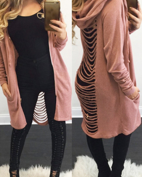 Leisure Hooded Collar Long Sleeves Hollow-out Pink Cotton Long Coat