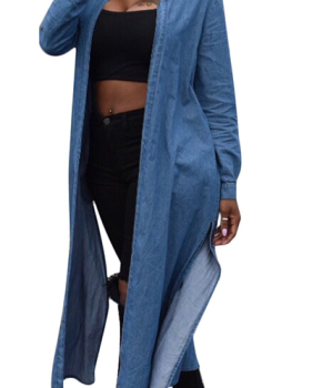 Leisure Turndown Collar Long Sleeves Side Split Blue Denim Long Coat