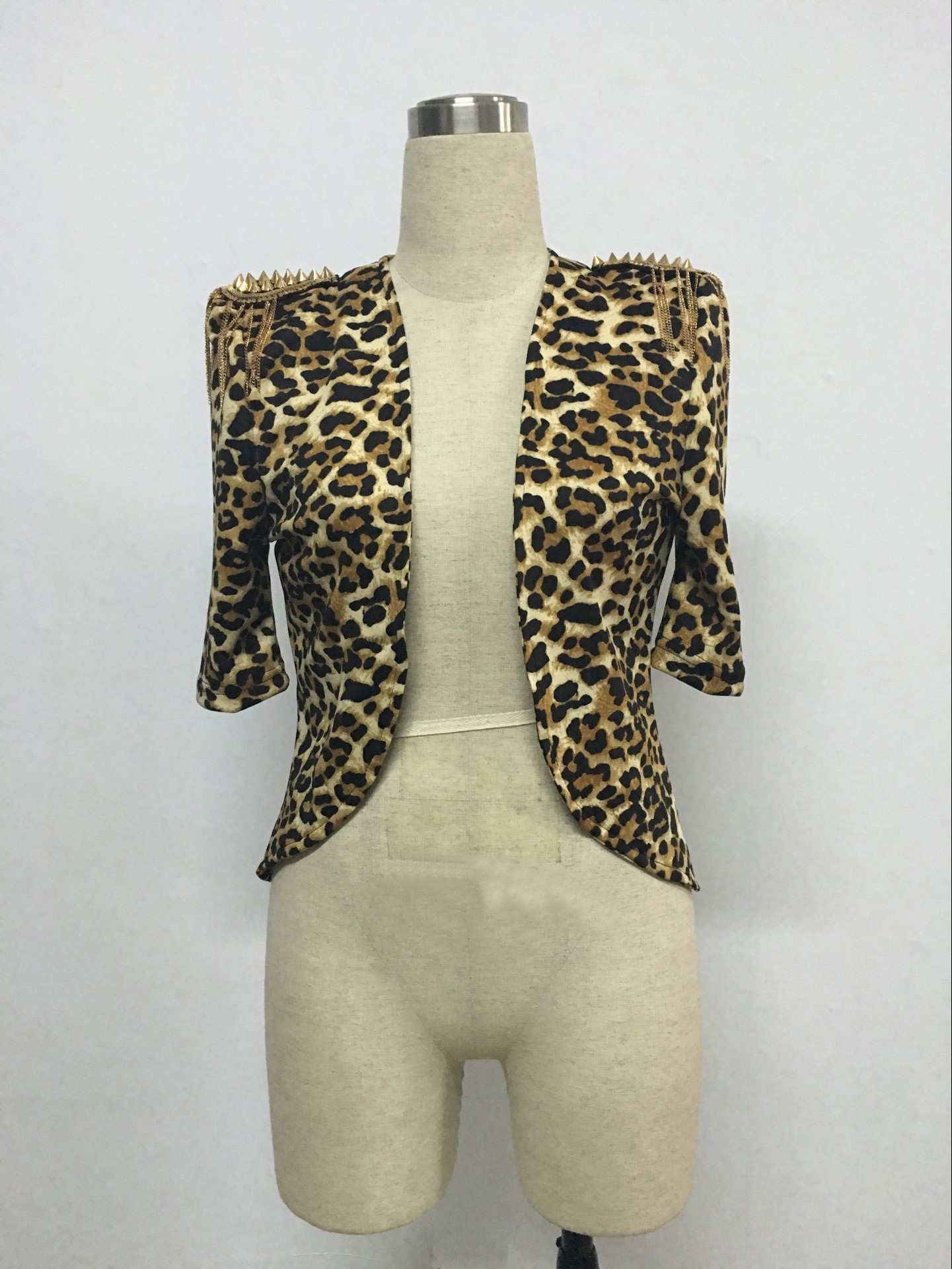 Stylish Half Sleeves Epaulet Stud Embellished Leopard Polyester Jacket