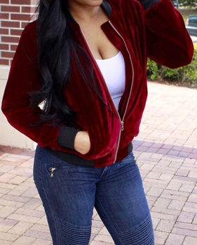 Stylish Long Sleeves Zipper Design Red Velvet Short Coat