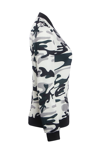 Stylish Round Neck Long Sleeves Camouflage Printed Polyester Coat