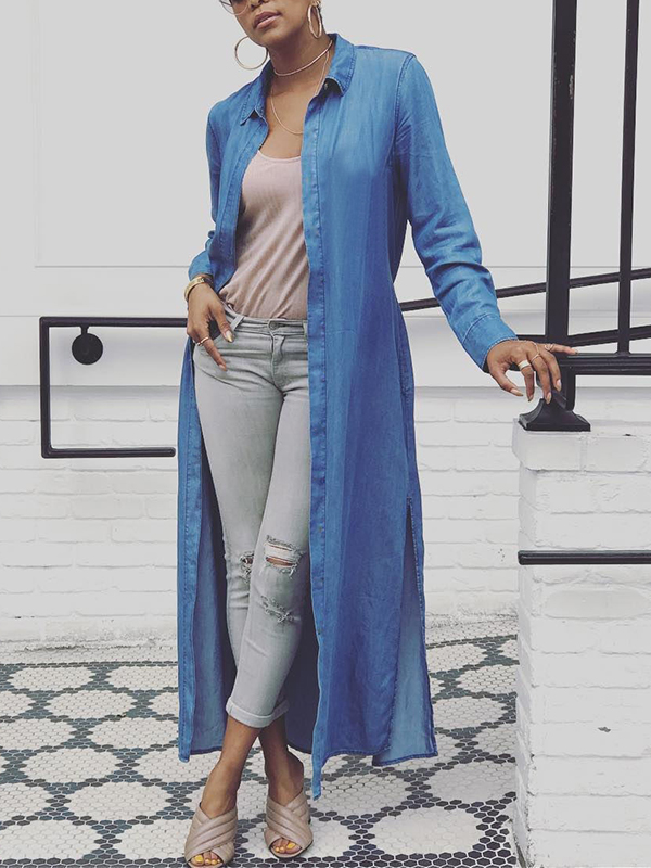 Stylish Turndown Collar Long Sleeves Blue Denim Long Coat
