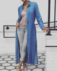 Stylish Turndown Collar Long Sleeves Blue Denim Long Coat