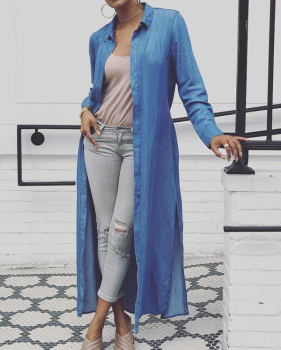 Stylish Turndown Collar Long Sleeves Blue Denim Long Coat