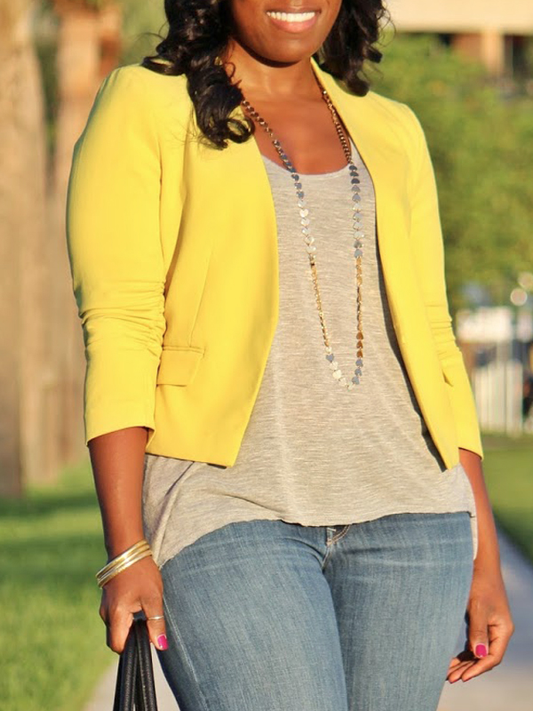 Stylish V Neck Long Sleeves Yellow Cotton Blends Short Coat